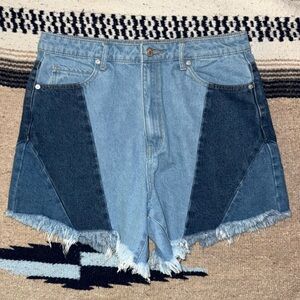 Blue patchwork denim high waist / rise shorts - women’s 8
